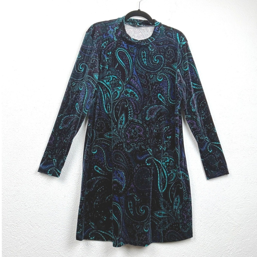Tiana B. Teal Paisley Velvet Mini Dress - 14 - Mock Neck Boho Retro Mod